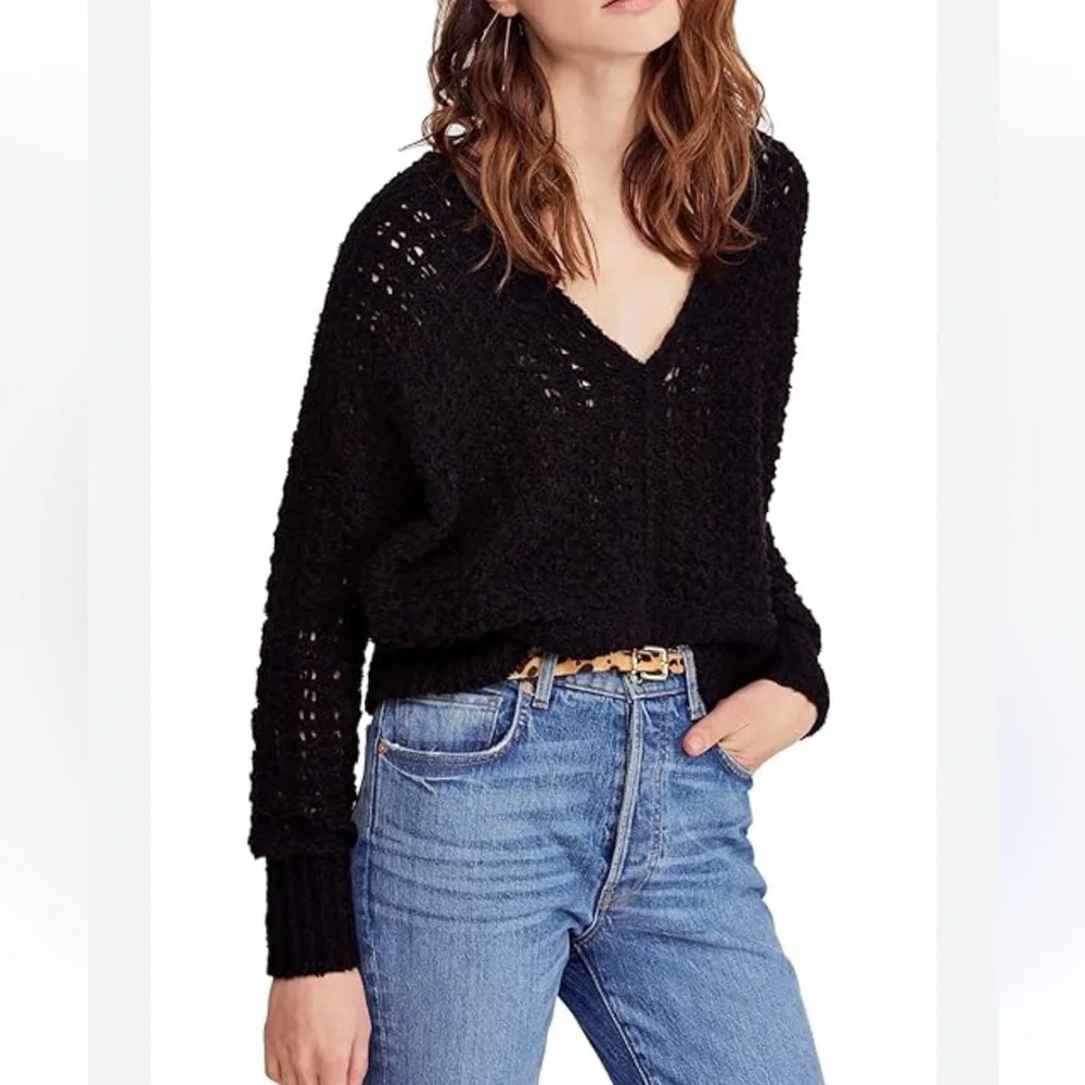 Free People Best of You V-Neck Cotton Sweater‎ Black Size XS